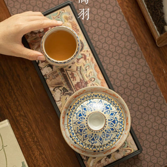 Ru Kiln 'Dunhuang Feitian' Treasure Tea Set**
— Celadon Lidded Bowl (Sancai Style) with Teapot & Cup – Antique-Inspired Gongfu Tea Ceremony Collection
