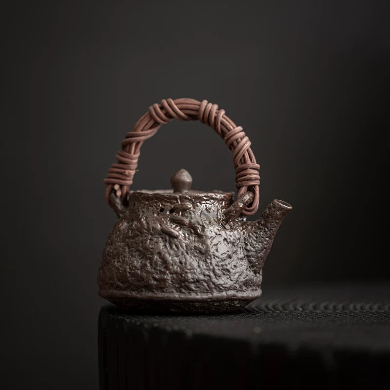Handmade Wood-Fired Tea Kettle with Rattan Handle - Home Use Gongfu Teapot for Single Serving Brewing (Most balanced version - highlights both craftsmanship and functionality)