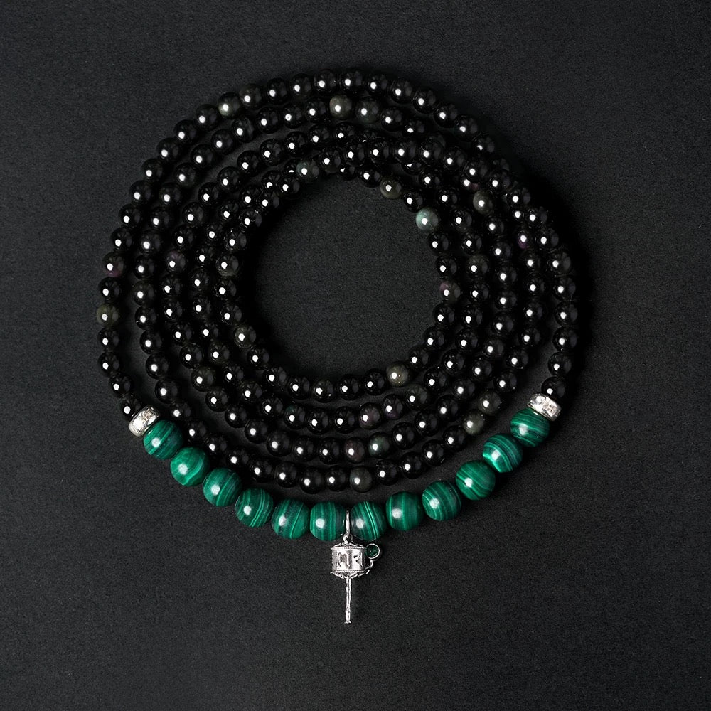 Rainbow Eye Obsidian & Malachite Beaded Bracelet- Handwoven 5-Layer Wrap Bracelet (4mm Gemstones, Boho Chic Unisex Design)