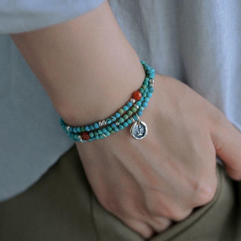 Faceless Serenity Bracelet- 925 Sterling Silver & Turquoise Beaded Triple-Wrap Bracelet (Unisex)