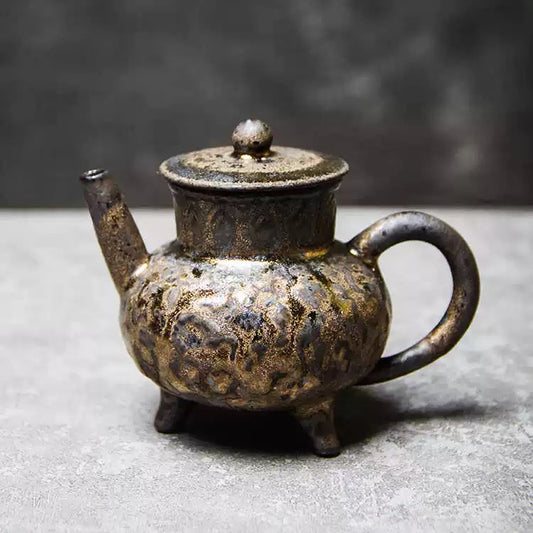 Handmade Wood-Fired Teapot – Tripod Retro Brewing Pot, Coarse Ash-Glazed Ceramic Kungfu Tea Set, Gilded Chinese-Style Small Teapot (Ideal for Pu-erh Tea)