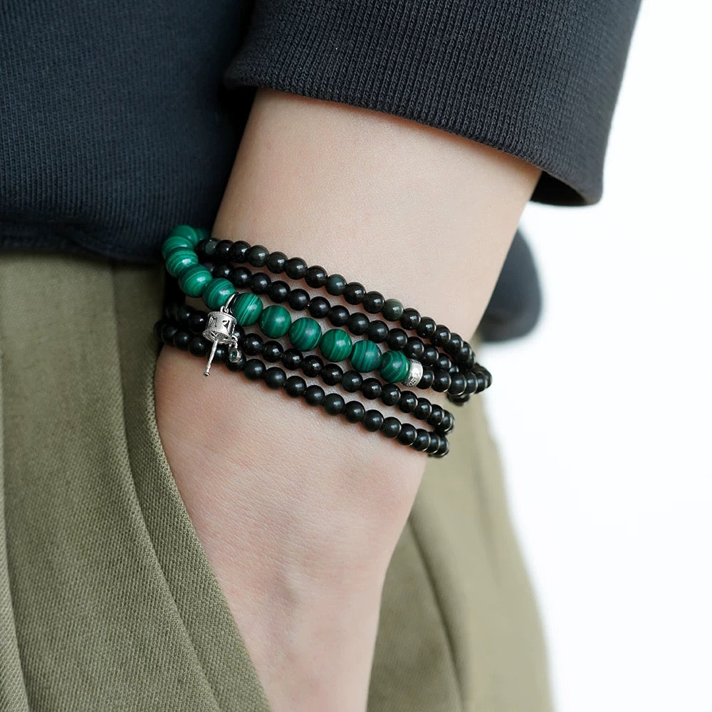 Rainbow Eye Obsidian & Malachite Beaded Bracelet- Handwoven 5-Layer Wrap Bracelet (4mm Gemstones, Boho Chic Unisex Design)