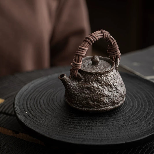 Handmade Wood-Fired Tea Kettle with Rattan Handle - Home Use Gongfu Teapot for Single Serving Brewing (Most balanced version - highlights both craftsmanship and functionality)