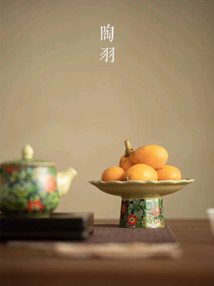 Song Dynasty-Inspired Ru Ware Floral Pedestal Tray- Celadon Footed Serving Platter for Fruits/Desserts/Tea Ceremony