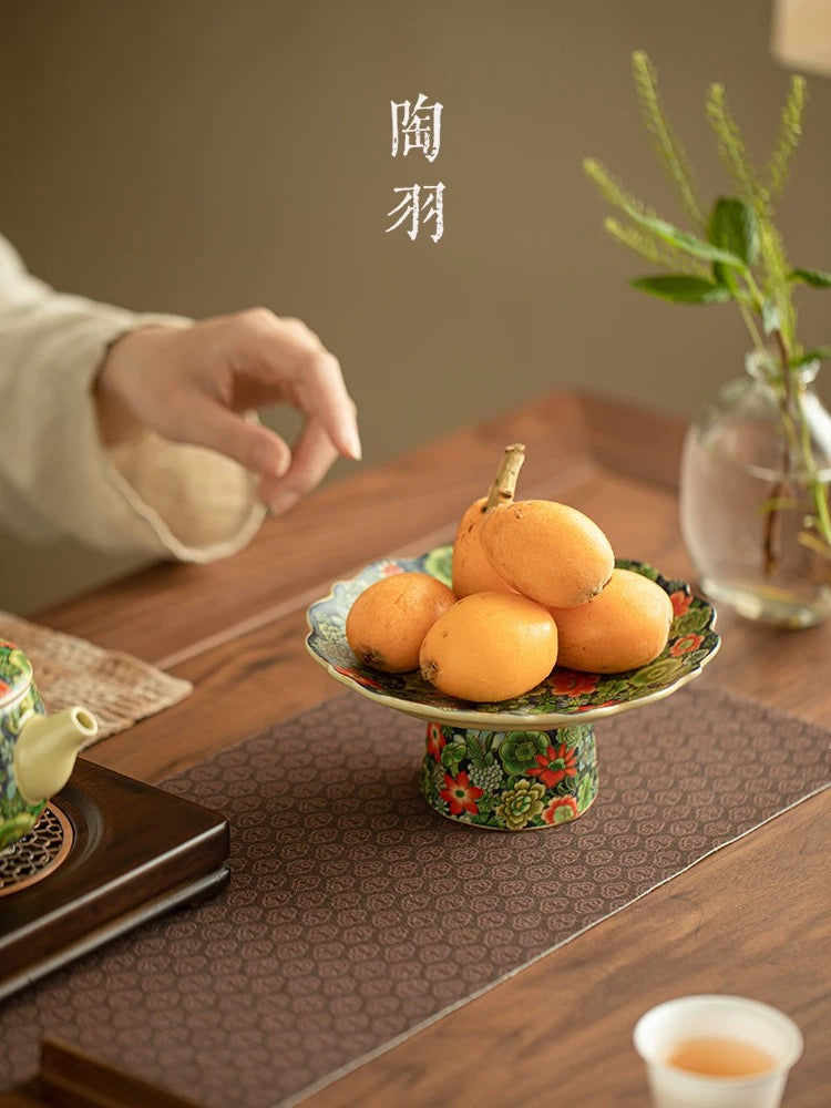 Song Dynasty-Inspired Ru Ware Floral Pedestal Tray- Celadon Footed Serving Platter for Fruits/Desserts/Tea Ceremony