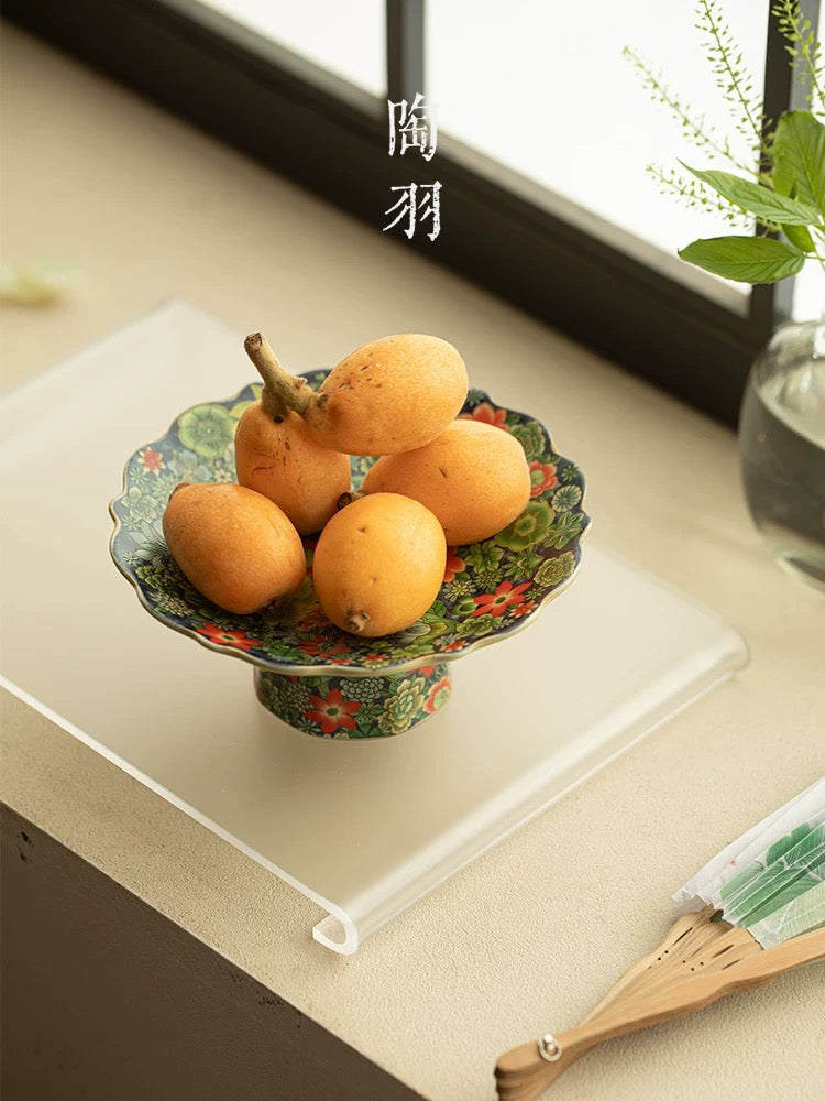 Song Dynasty-Inspired Ru Ware Floral Pedestal Tray- Celadon Footed Serving Platter for Fruits/Desserts/Tea Ceremony
