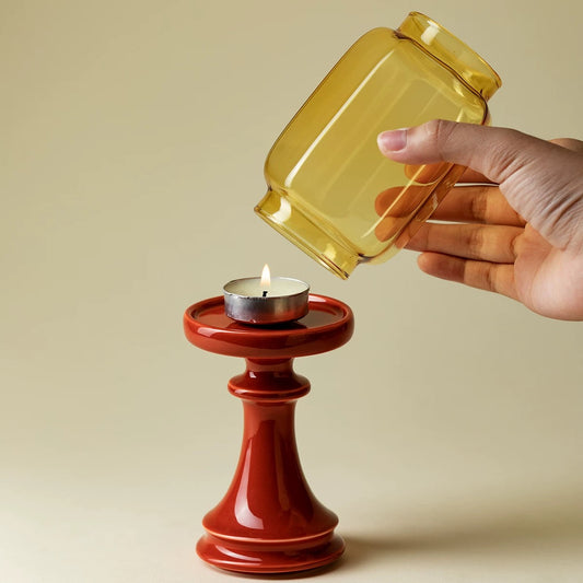 Imperial Glass Candle Holder – Ming & Qing Style 'Forbidden Red' Altar Decor with Vintage Buddhist Ambience Lightin