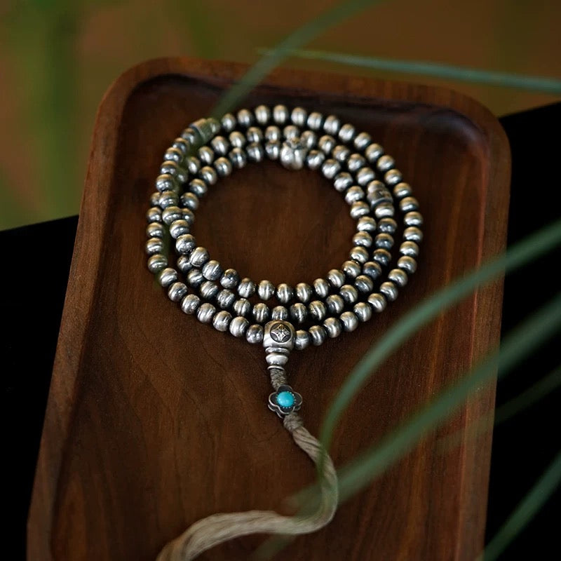 Sterling Silver 108-Bead Mala - Handcrafted 925 Silver Buddhist Prayer Bracelet with Antique Finish