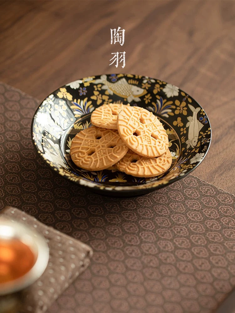 Gilded Silver-Filigree 'Fish & Waterweed' Tea Tray- Silver-Inlaid Ceramic Tea Boat (Dry Brewing Platform)
