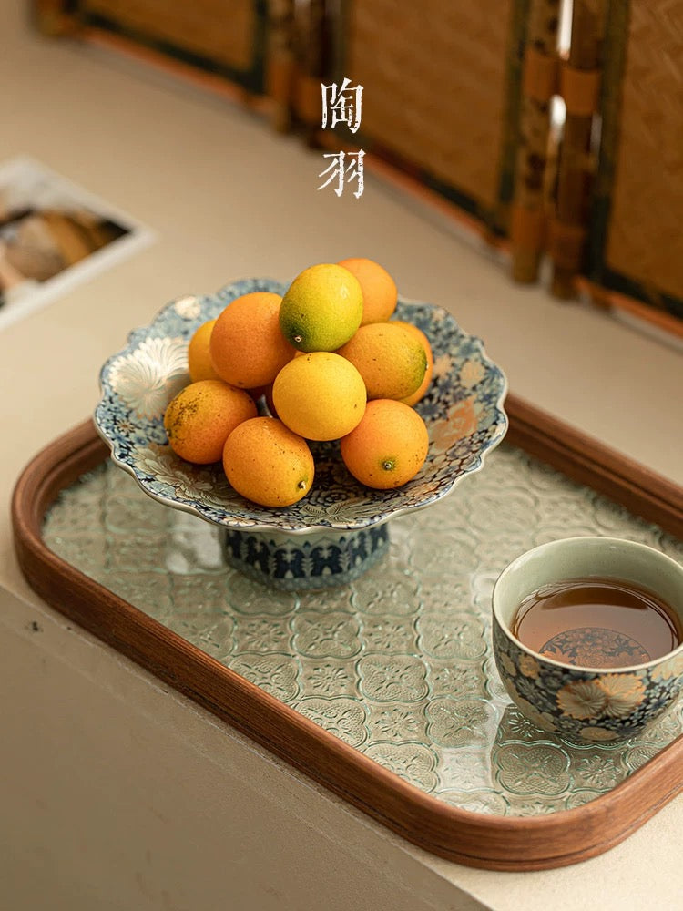 Ru Kiln Blossom Collection- Celadon-Hued Ceramic Pedestal Plates (Floral-Engraved Altar Dessert Stands)