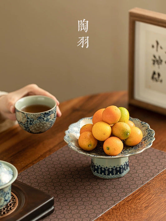 Ru Kiln Blossom Collection- Celadon-Hued Ceramic Pedestal Plates (Floral-Engraved Altar Dessert Stands)