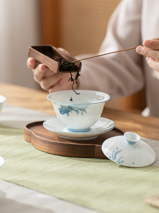 Premium Hand-Painted Underglaze Blue & White Gaiwan