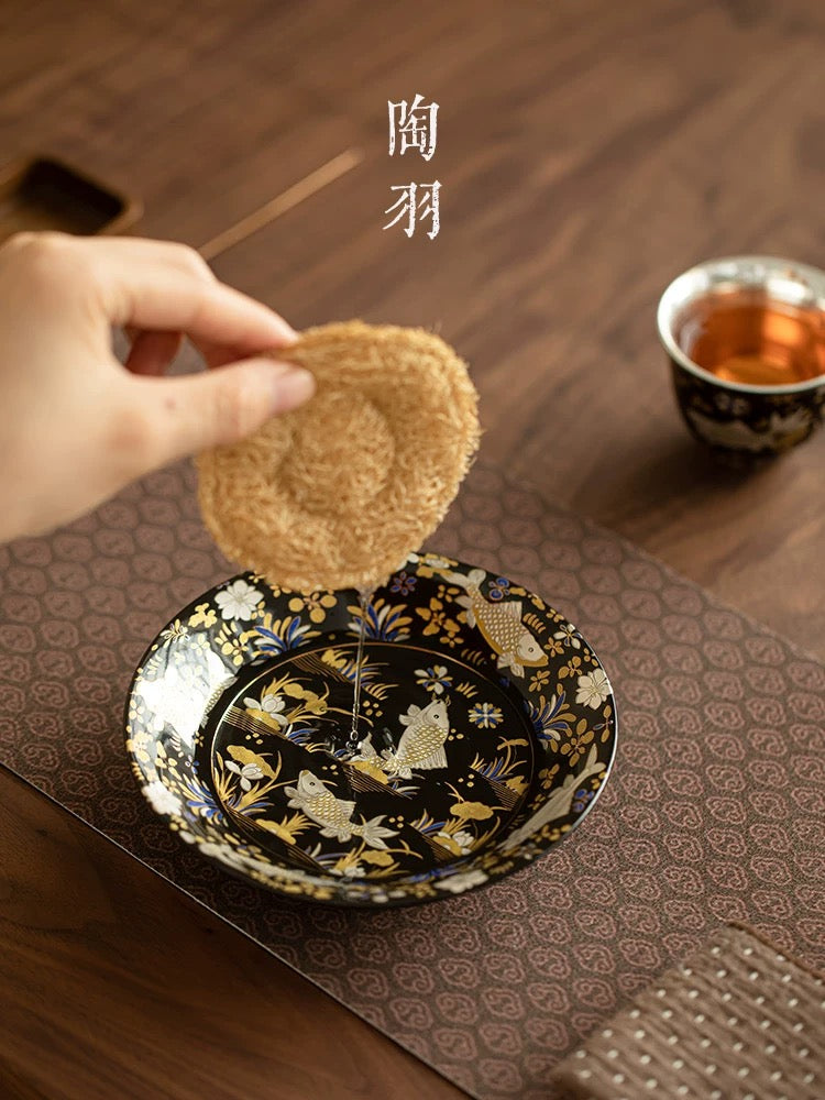 Gilded Silver-Filigree 'Fish & Waterweed' Tea Tray- Silver-Inlaid Ceramic Tea Boat (Dry Brewing Platform)