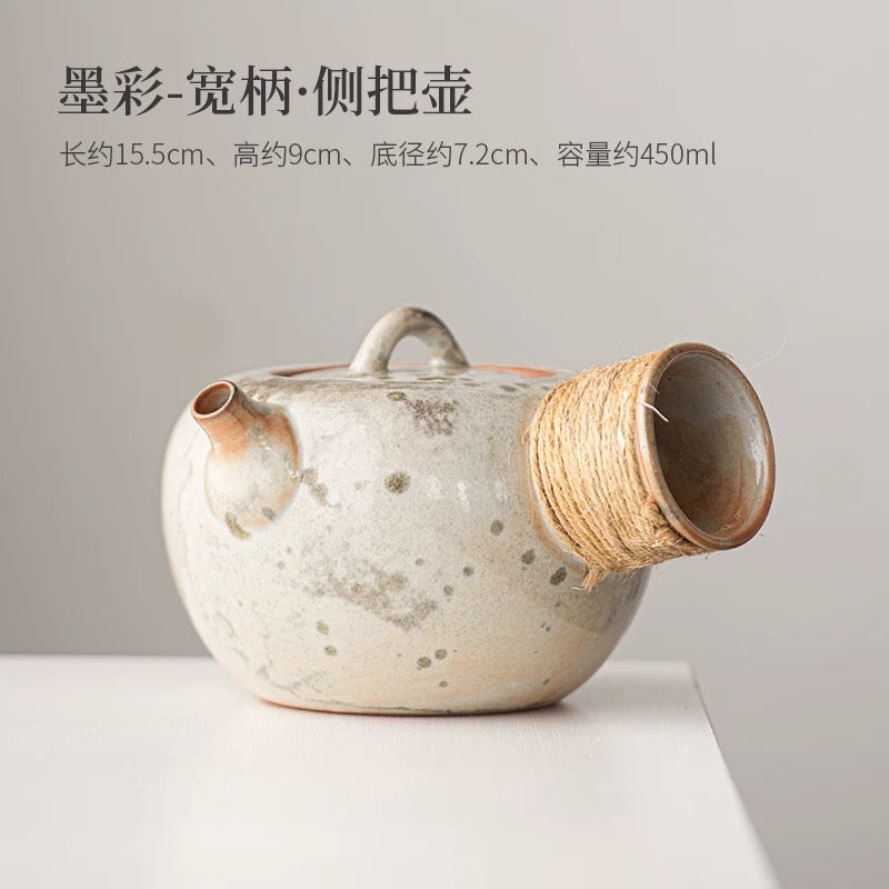Sumi-Ember Tea Brewing Set" - Wood-Fired Side-Handle Teapot with Kiln-Transformed Wabi-Sabi Glaze & Retro Charcoal Stove (Large Capacity Ceramic Set)