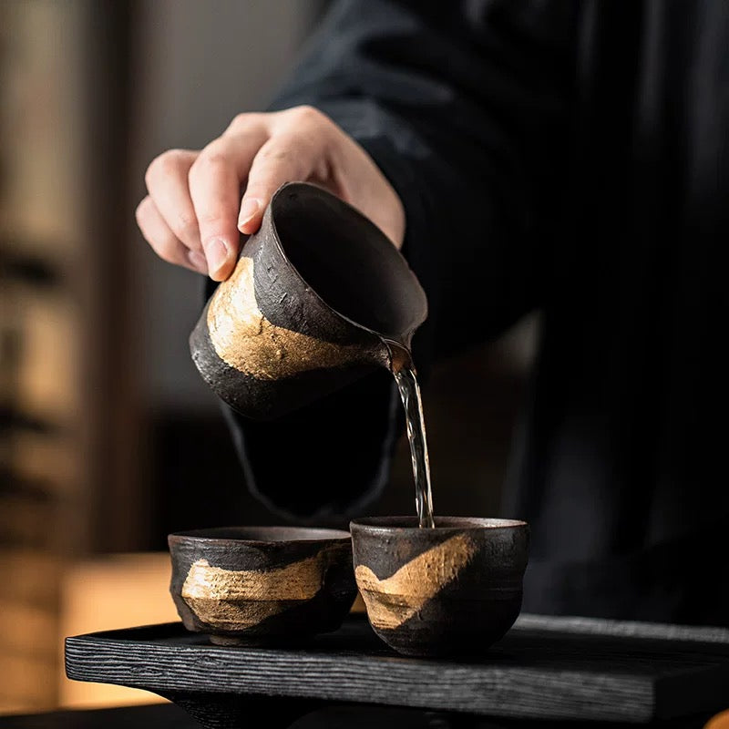 Golden Glaze Wood-Fired "Sancai" Tea Bowl - Handheld Retro Style Japanese-inspired Single Tea Set for Home Brewing & Gongfu Tea Ceremony