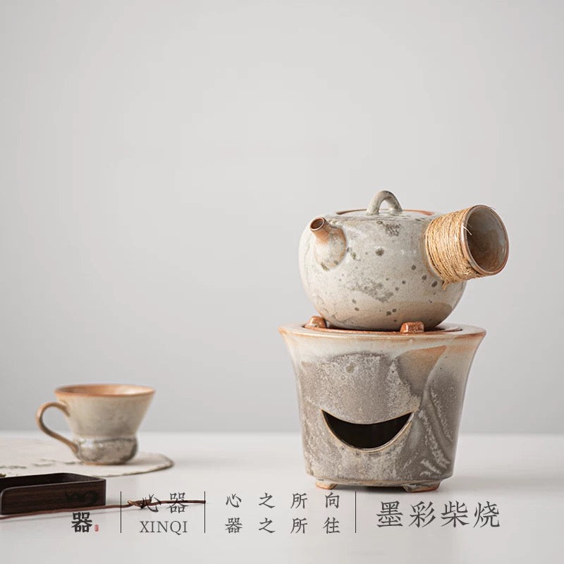 Sumi-Ember Tea Brewing Set" - Wood-Fired Side-Handle Teapot with Kiln-Transformed Wabi-Sabi Glaze & Retro Charcoal Stove (Large Capacity Ceramic Set)