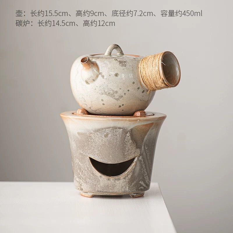 Sumi-Ember Tea Brewing Set" - Wood-Fired Side-Handle Teapot with Kiln-Transformed Wabi-Sabi Glaze & Retro Charcoal Stove (Large Capacity Ceramic Set)