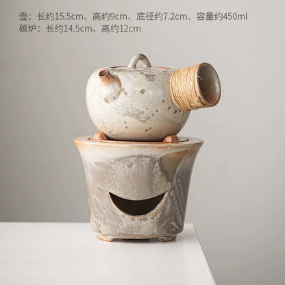 Sumi-Ember Tea Brewing Set" - Wood-Fired Side-Handle Teapot with Kiln-Transformed Wabi-Sabi Glaze & Retro Charcoal Stove (Large Capacity Ceramic Set)
