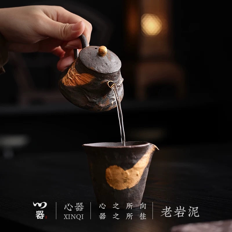 Golden Glaze Wood-Fired "Sancai" Tea Bowl - Handheld Retro Style Japanese-inspired Single Tea Set for Home Brewing & Gongfu Tea Ceremony