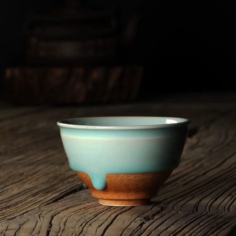 Premium Celadon Tea Cup – Handmade 'Weeping Glaze' Porcelain with Oil-Sheen Finish