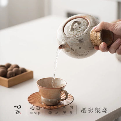 Sumi-Ember Tea Brewing Set" - Wood-Fired Side-Handle Teapot with Kiln-Transformed Wabi-Sabi Glaze & Retro Charcoal Stove (Large Capacity Ceramic Set)