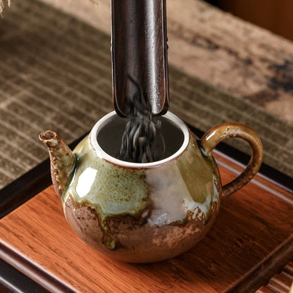 Handmade Wood-Fired Ceramic Teapot – Retro Wabi-Sabi "Dragon Egg" Small Teapot with Filter (Japanese Rustic Style, Kiln-Transformed Glaze)