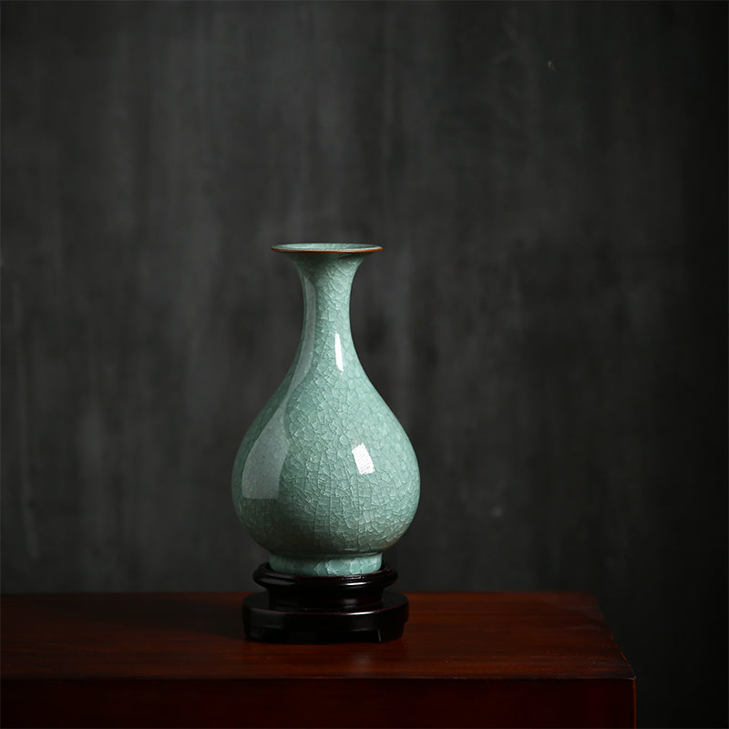 Ye Xiaochun's Handmade Works Celadon Ge Kiln Ice Cracked Jade Pot Spring Flower Ware Chinese Vase Home Ornament Collection