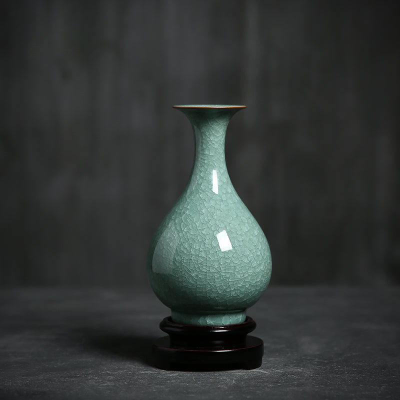 Ye Xiaochun's Handmade Works Celadon Ge Kiln Ice Cracked Jade Pot Spring Flower Ware Chinese Vase Home Ornament Collection