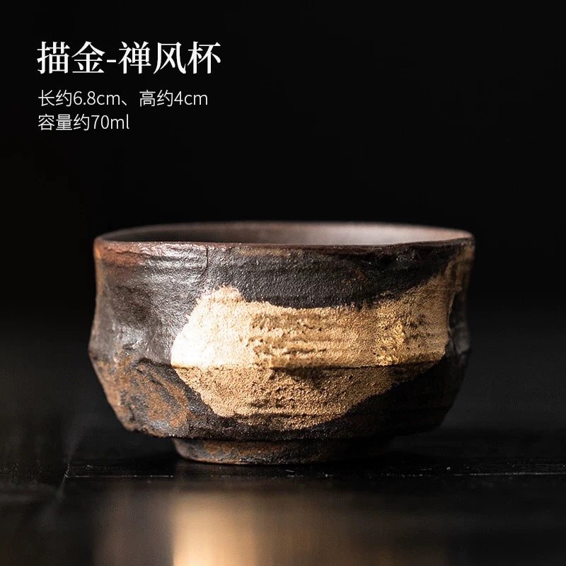 Golden Glaze Wood-Fired "Sancai" Tea Bowl - Handheld Retro Style Japanese-inspired Single Tea Set for Home Brewing & Gongfu Tea Ceremony