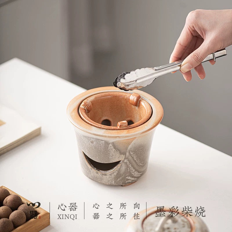 Sumi-Ember Tea Brewing Set" - Wood-Fired Side-Handle Teapot with Kiln-Transformed Wabi-Sabi Glaze & Retro Charcoal Stove (Large Capacity Ceramic Set)