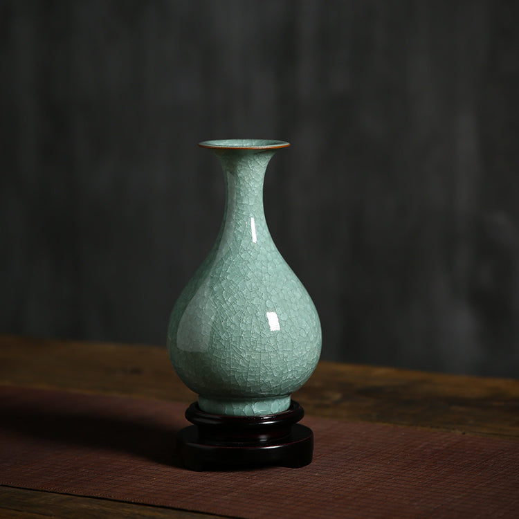 Ye Xiaochun's Handmade Works Celadon Ge Kiln Ice Cracked Jade Pot Spring Flower Ware Chinese Vase Home Ornament Collection