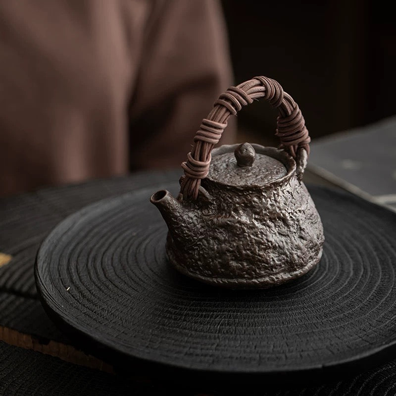 Handmade Wood-Fired Tea Kettle with Rattan Handle - Home Use Gongfu Teapot for Single Serving Brewing (Most balanced version - highlights both craftsmanship and functionality)