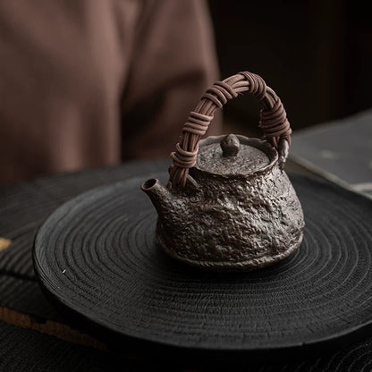 Handmade Wood-Fired Tea Kettle with Rattan Handle - Home Use Gongfu Teapot for Single Serving Brewing (Most balanced version - highlights both craftsmanship and functionality)