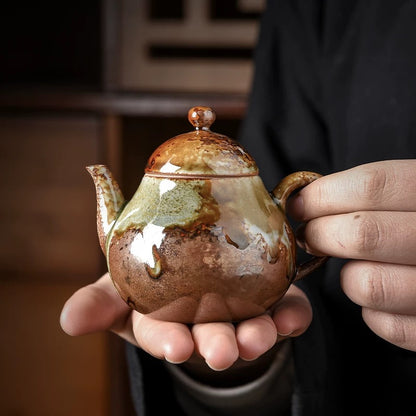 Handmade Wood-Fired Ceramic Teapot – Retro Wabi-Sabi "Dragon Egg" Small Teapot with Filter (Japanese Rustic Style, Kiln-Transformed Glaze)
