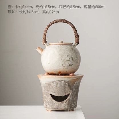Sumi-Ember Tea Brewing Set" - Wood-Fired Side-Handle Teapot with Kiln-Transformed Wabi-Sabi Glaze & Retro Charcoal Stove (Large Capacity Ceramic Set)
