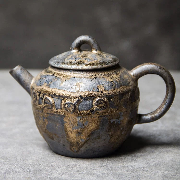 Handmade Retro Ceramic Teapot – Wood-Fired Kungfu Tea Set with Gilded Glaze, Japanese-Style Coarse Clay Small Teapot with Filter, Home Brewing Pot