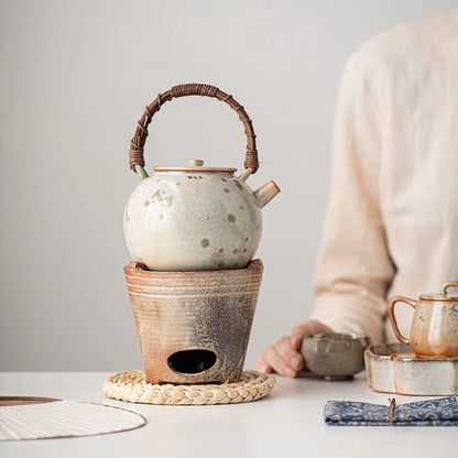 Sumi-Ember Tea Brewing Set" - Wood-Fired Side-Handle Teapot with Kiln-Transformed Wabi-Sabi Glaze & Retro Charcoal Stove (Large Capacity Ceramic Set)