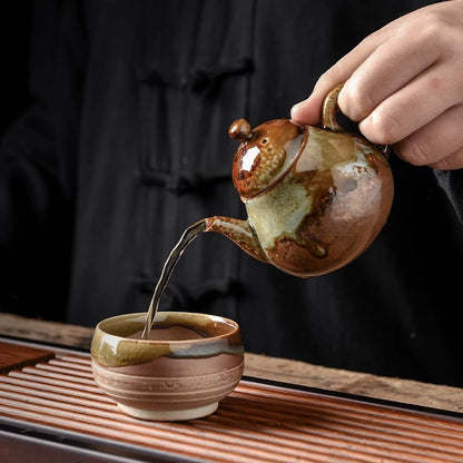 Handmade Wood-Fired Ceramic Teapot – Retro Wabi-Sabi "Dragon Egg" Small Teapot with Filter (Japanese Rustic Style, Kiln-Transformed Glaze)