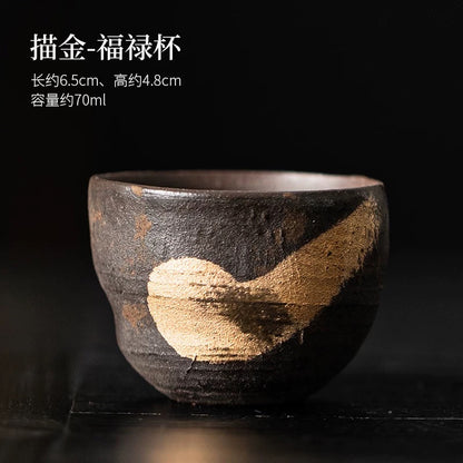 Golden Glaze Wood-Fired "Sancai" Tea Bowl - Handheld Retro Style Japanese-inspired Single Tea Set for Home Brewing & Gongfu Tea Ceremony