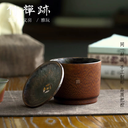 Lacquered Linen-Body Tea Cleansing Bowl with Copper Lid (Multi-Functional Tea Debris Container & Teapot Drip Tray)