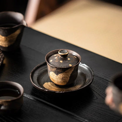 Golden Glaze Wood-Fired "Sancai" Tea Bowl - Handheld Retro Style Japanese-inspired Single Tea Set for Home Brewing & Gongfu Tea Ceremony