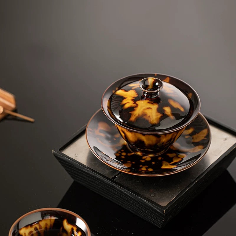 Premium Glazed Gaiwan Set – Vintage Tortoise-Shell Ceramic with Cool-Touch Design (Luxury Gongfu Tea Gift)
