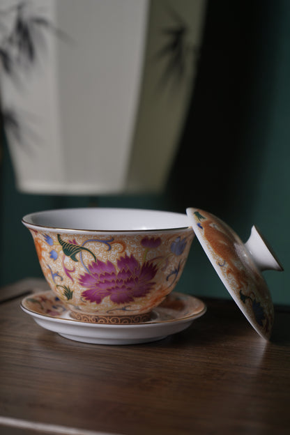 White porcelain hand-painted peony flower covered bowl