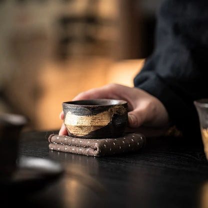 Golden Glaze Wood-Fired "Sancai" Tea Bowl - Handheld Retro Style Japanese-inspired Single Tea Set for Home Brewing & Gongfu Tea Ceremony
