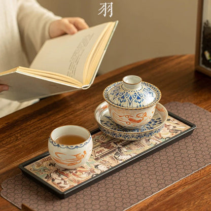 Ru Kiln 'Dunhuang Feitian' Treasure Tea Set**  
— Celadon Lidded Bowl (Sancai Style) with Teapot & Cup – Antique-Inspired Gongfu Tea Ceremony Collection