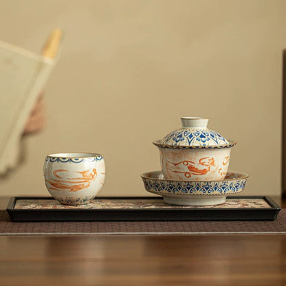 Ru Kiln 'Dunhuang Feitian' Treasure Tea Set**  
— Celadon Lidded Bowl (Sancai Style) with Teapot & Cup – Antique-Inspired Gongfu Tea Ceremony Collection