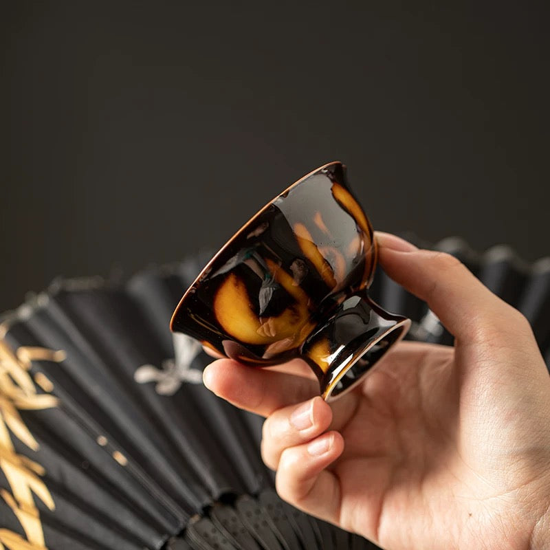 Vintage Glazed Stem Tea Cup – Tortoise-Shell Crystal Ceramic Master Cup (Premium Gongfu Gift Set)