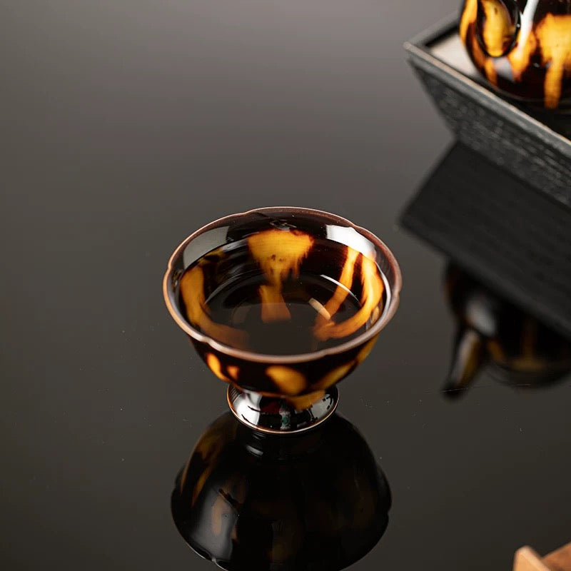 Vintage Glazed Stem Tea Cup – Tortoise-Shell Crystal Ceramic Master Cup (Premium Gongfu Gift Set)